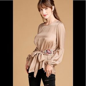 Taupe floral embroidered waist tie blouse.